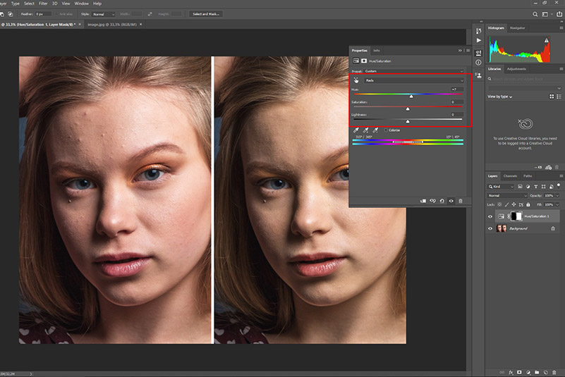 Adobe Photoshop: Hue/Saturation и сравнение оттенка кожи до и после