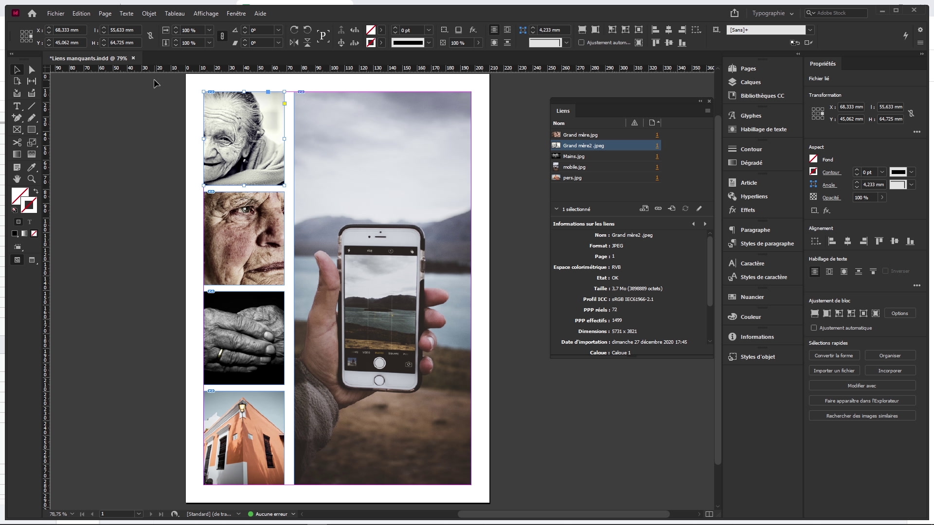 Рабочее окно Adobe InDesign с размещенными изображениями, панелью Links и свойствами