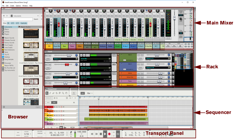 Рабочее окно Reason с Browser, Main Mixer, Rack, Sequencer и Transport Panel