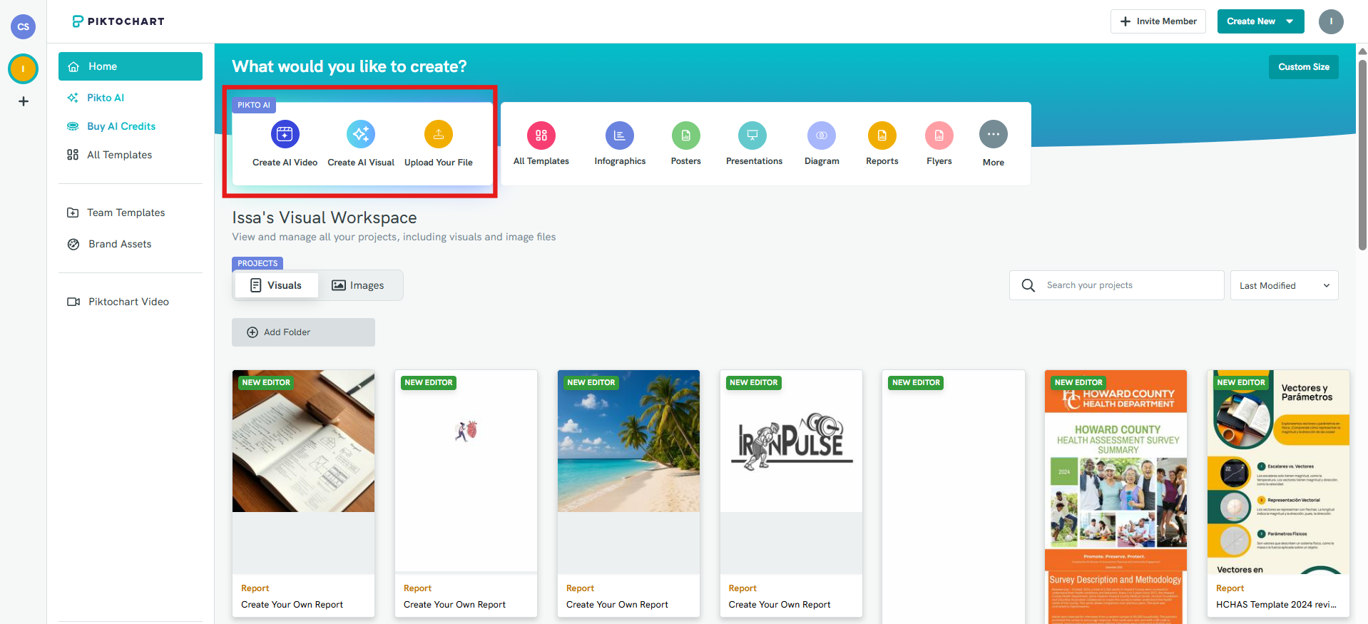 Рабочее пространство Piktochart с выбором формата, проектами и панелью Create New