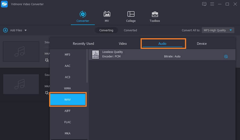 Vidmore Video Converter: выбор WAV для M4A