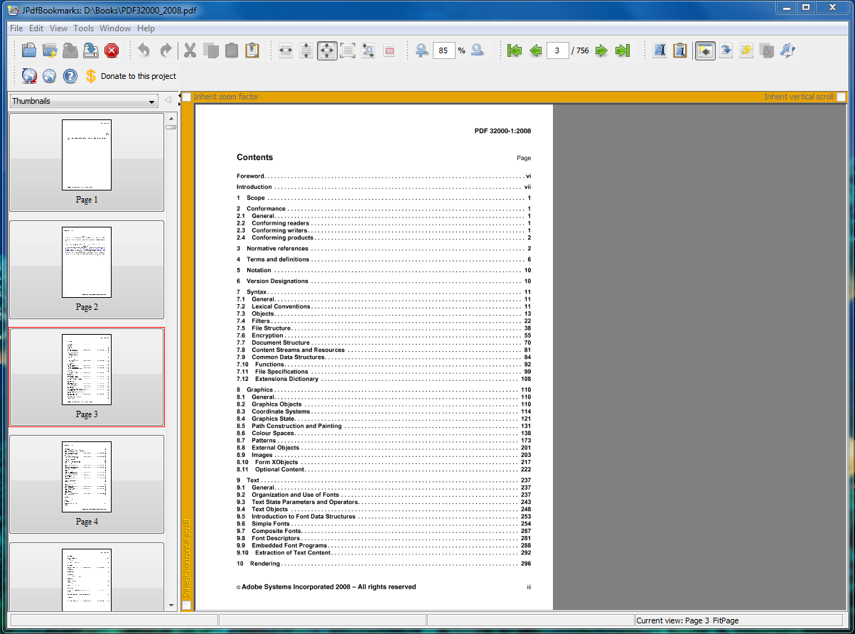 Интерфейс JPdfBookmarks с деревом закладок PDF