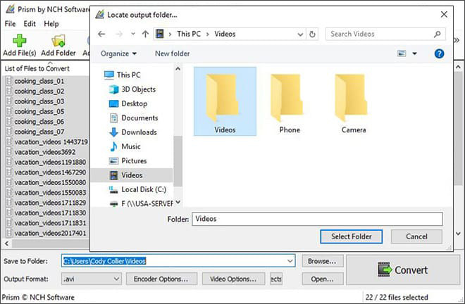 Prism Video Converter: выбор Output Folder для результата