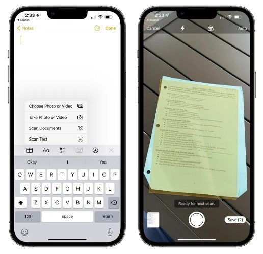 Команда Scan Text в Apple Notes на iPhone