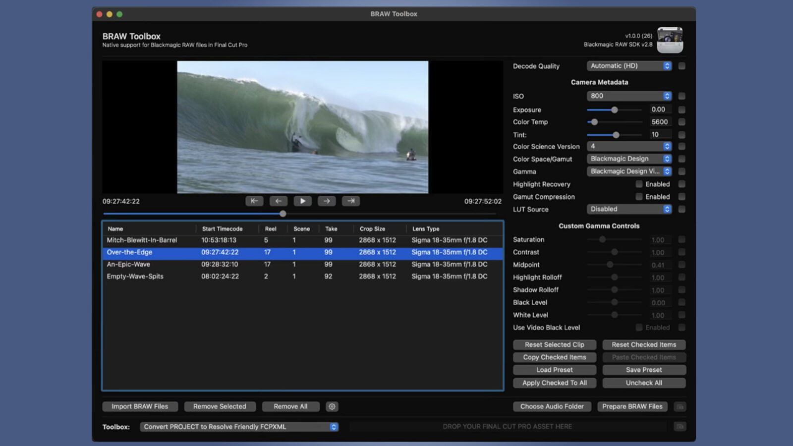 Интерфейс BRAW Toolbox с параметрами Blackmagic RAW