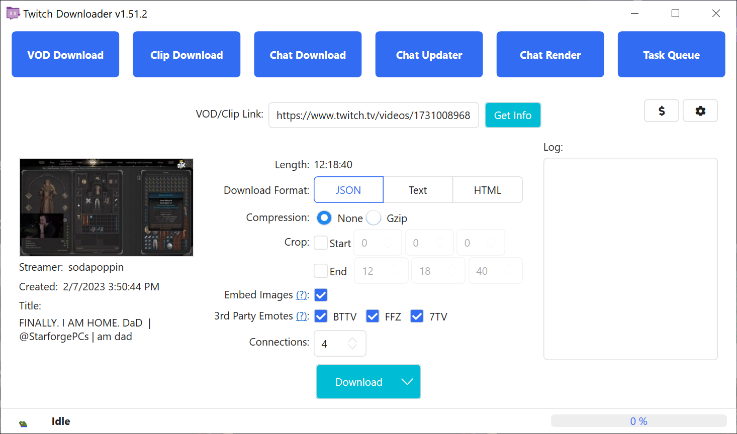 Настройки загрузки чата в TwitchDownloader