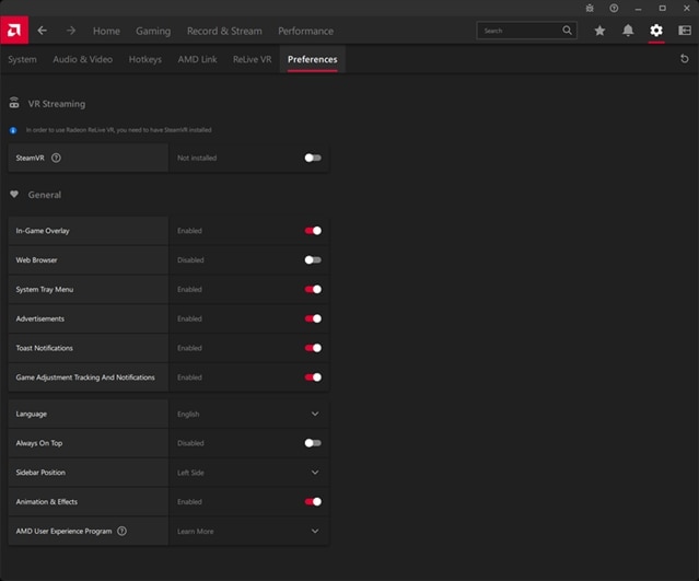 Настройки Preferences в AMD Software Adrenalin Edition