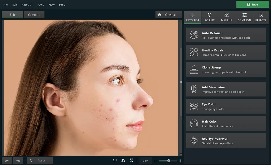 Открытие портрета и вкладка Retouch в PhotoDiva