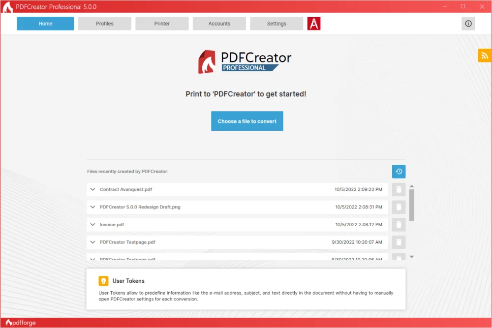 Главное окно PDFCreator Professional с вкладкой Home и кнопкой Choose a file to convert