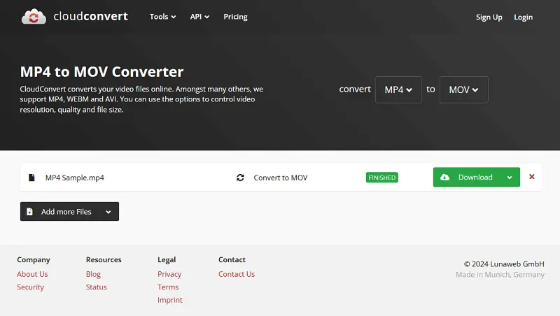 CloudConvert: завершённое преобразование и кнопка Download