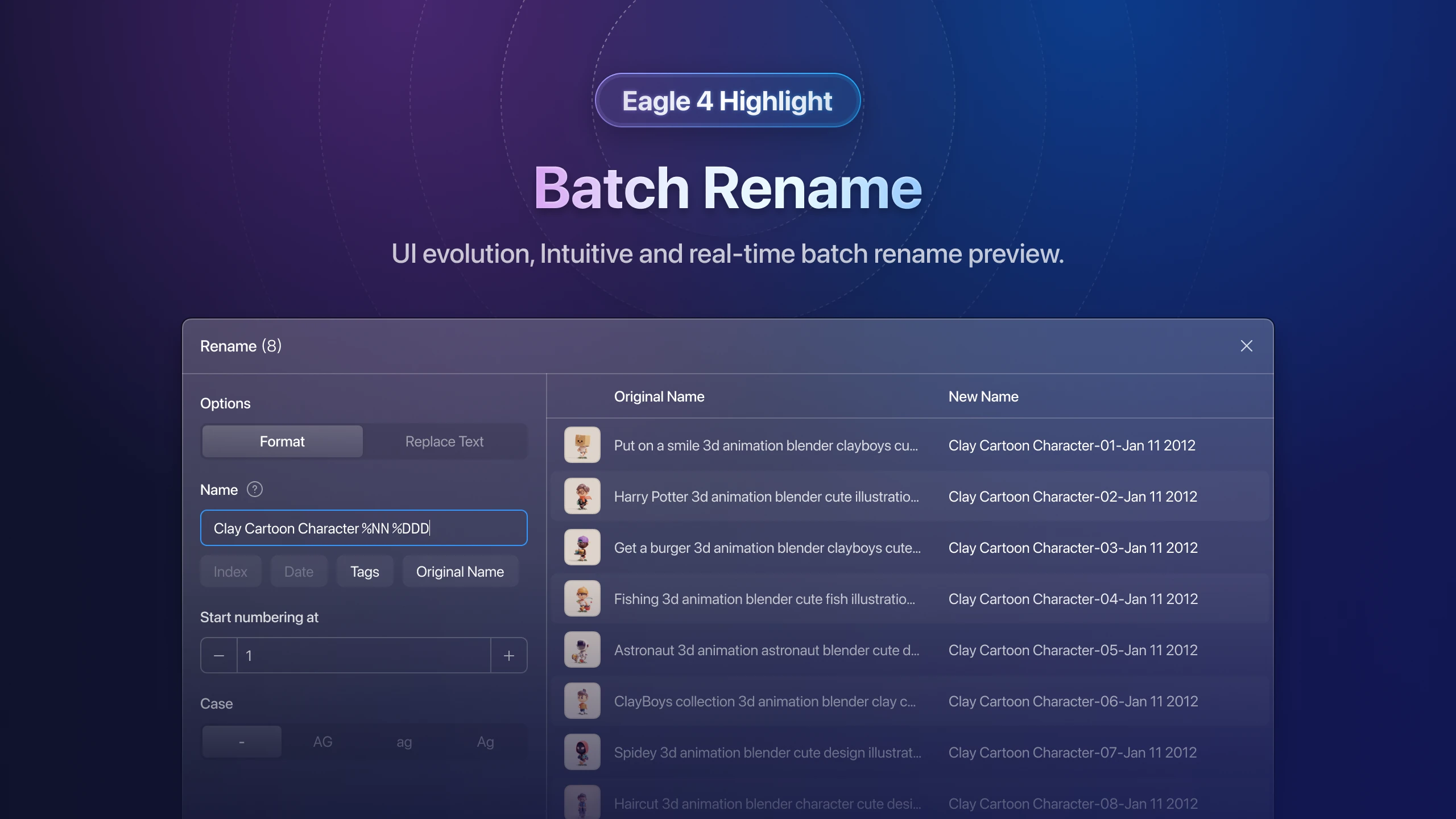 Интерфейс Batch Rename в Eagle