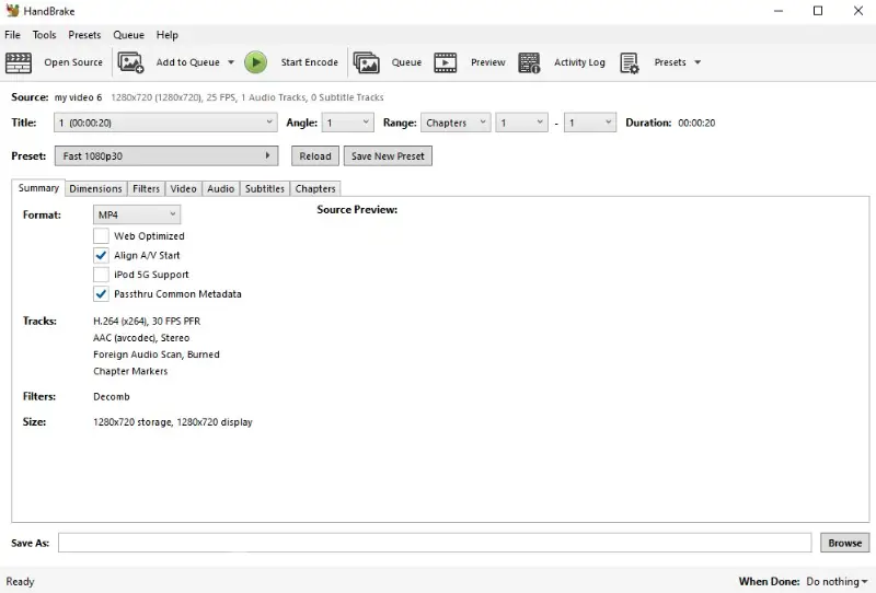 Главное окно HandBrake с пресетом Fast 1080p30 и форматом MP4