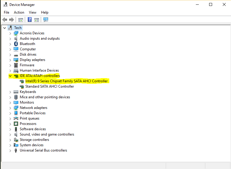 Диспетчер устройств Windows с контроллерами IDE ATA ATAPI и SATA AHCI