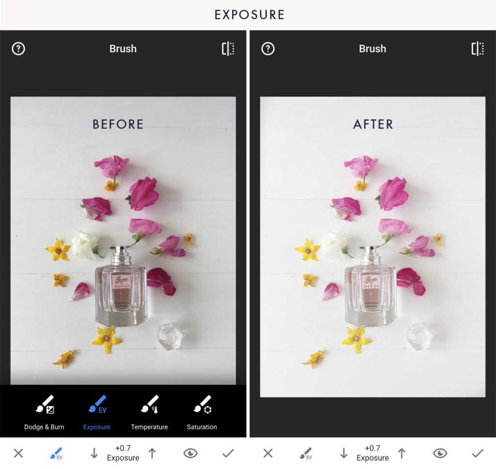Snapseed: пример до и после локальной кисти Exposure