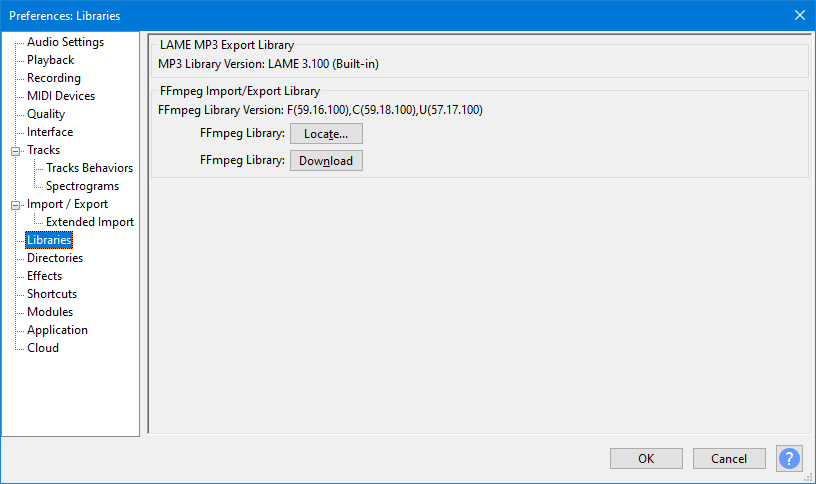 Audacity: Preferences, раздел Libraries с настройкой FFmpeg