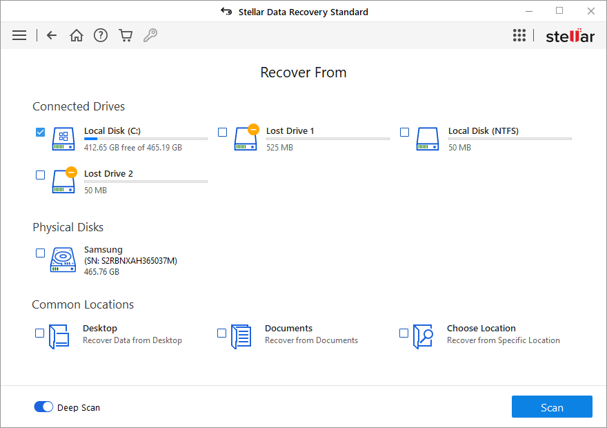 Выбор типов данных в Stellar Data Recovery
