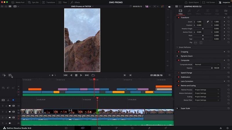 Вертикальный таймлайн и Inspector в DaVinci Resolve
