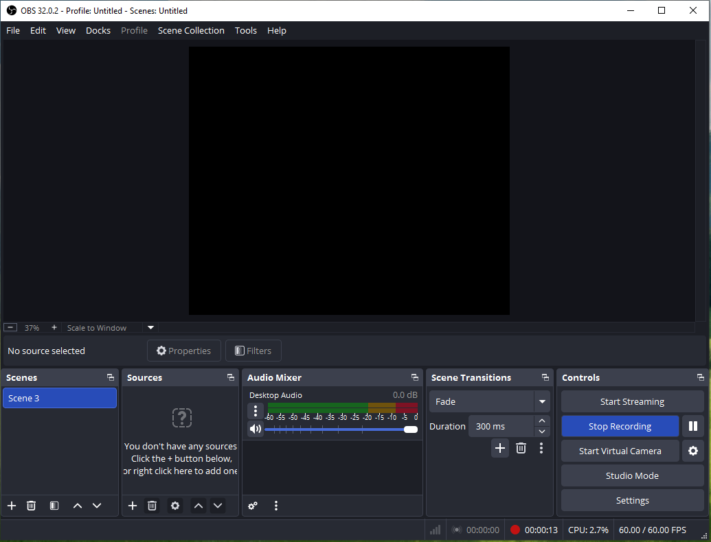 Интерфейс OBS Studio с предпросмотром, Sources, Audio Mixer и Controls