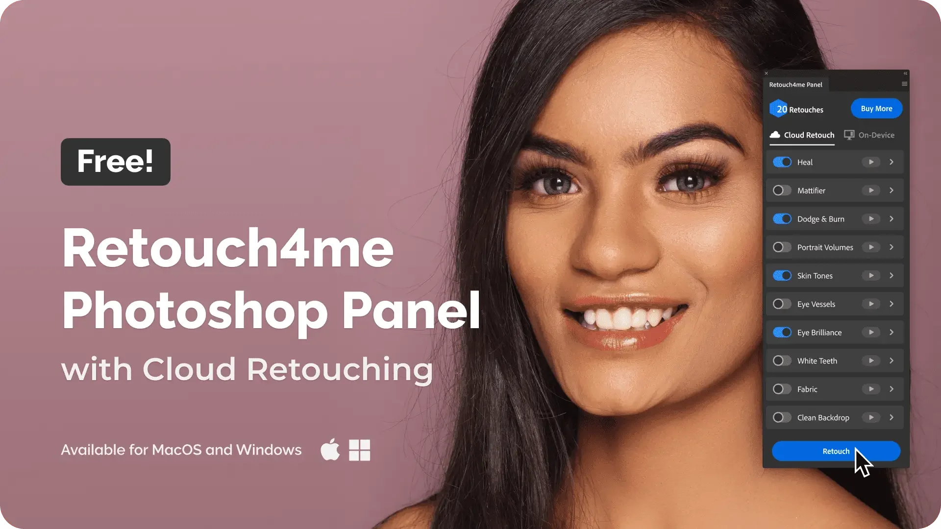 Retouch4me Photoshop Panel с переключателями Cloud Retouch и On-Device