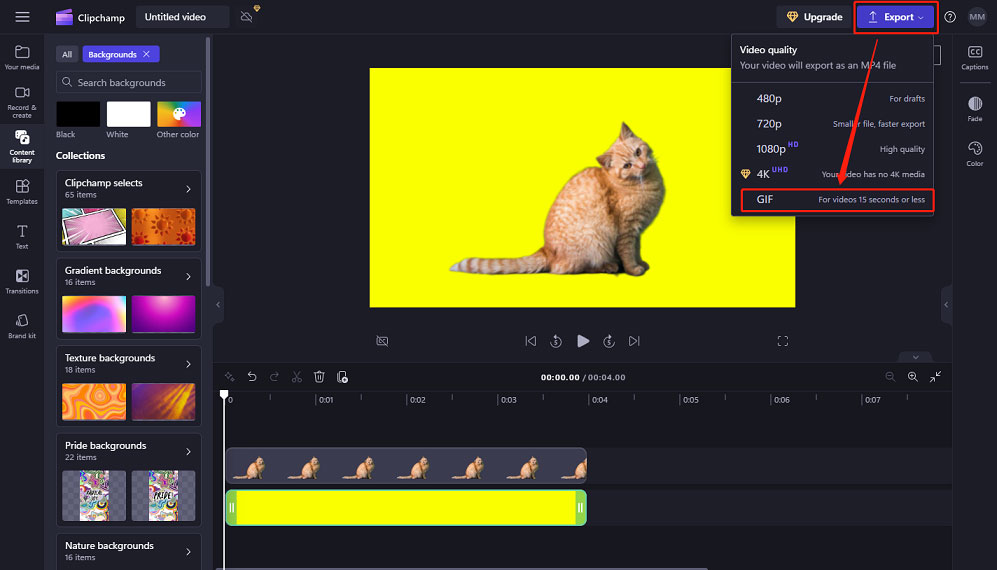 Clipchamp: меню Export с пунктом GIF для короткого ролика