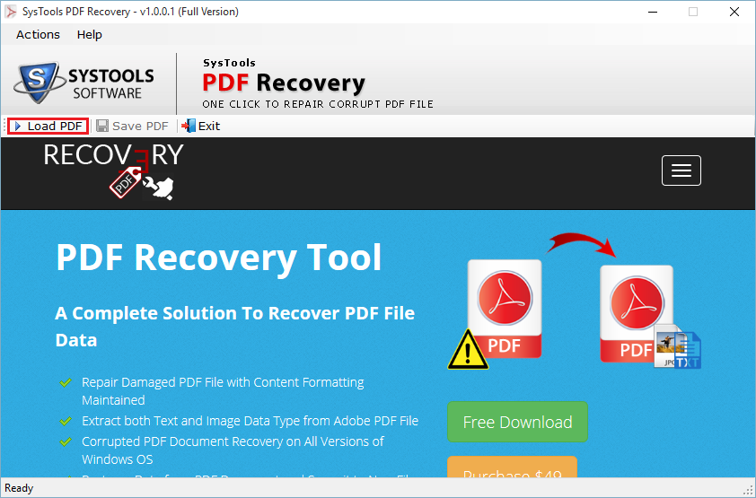 Кнопка Load PDF в SysTools PDF Recovery