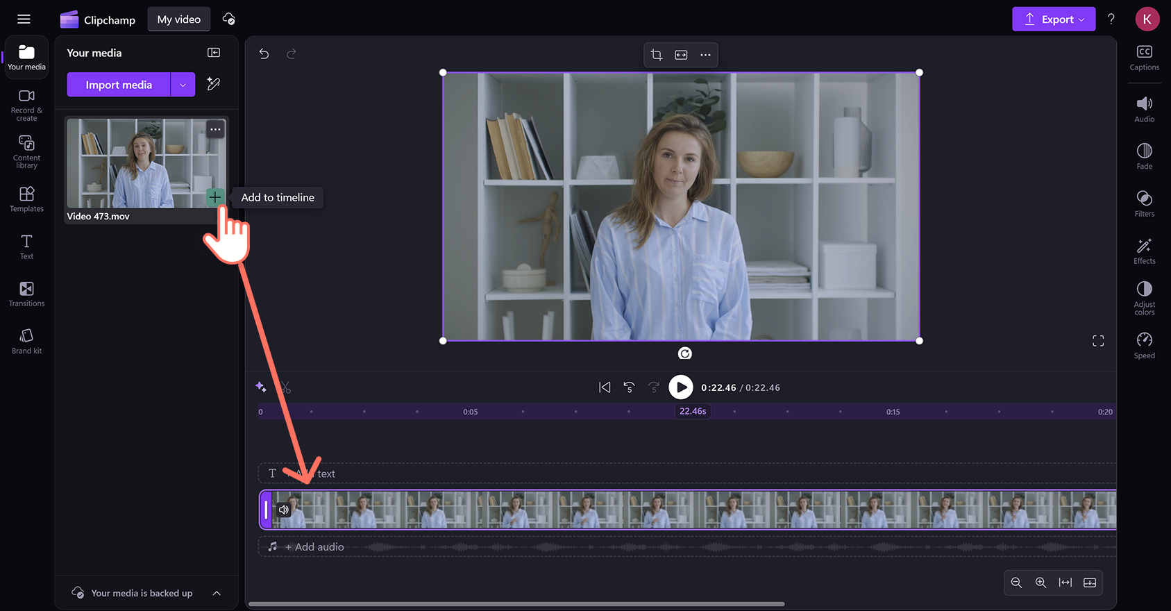 Clipchamp: imported MOV on the video timeline