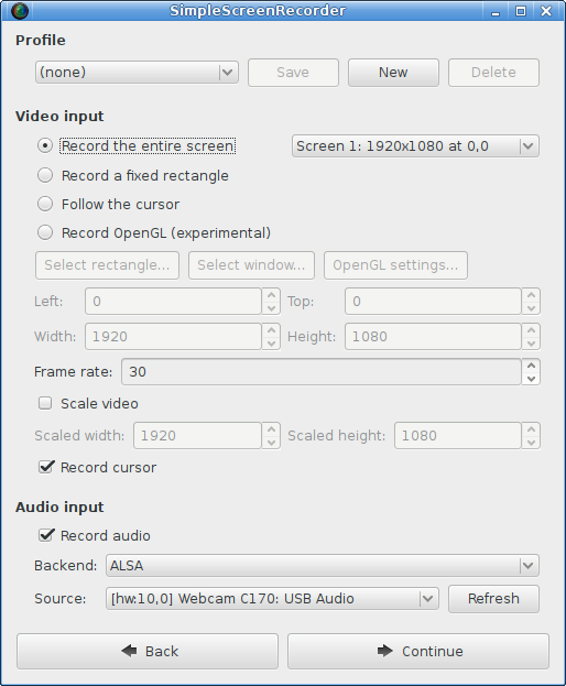 SimpleScreenRecorder: окно выбора параметров записи в Linux