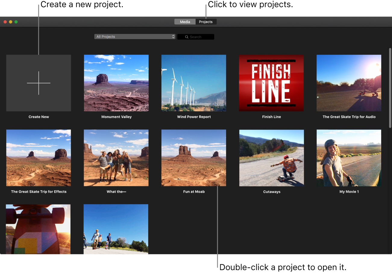 Раздел Projects в iMovie для Mac
