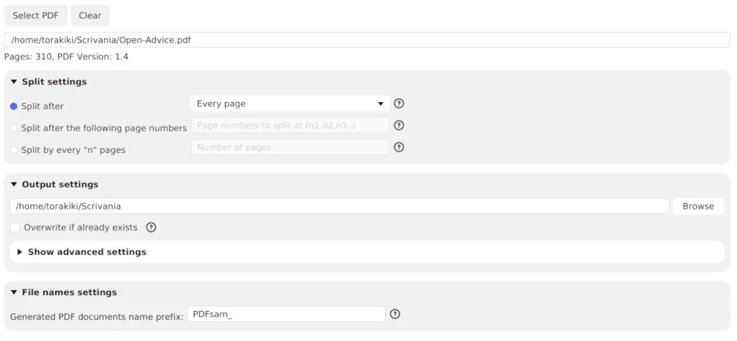 Модуль Split в PDFsam Basic с настройками разделения по страницам и блоком Output settings