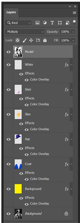 Панель Layers Photoshop с раздельными цветными слоями и режимом Multiply