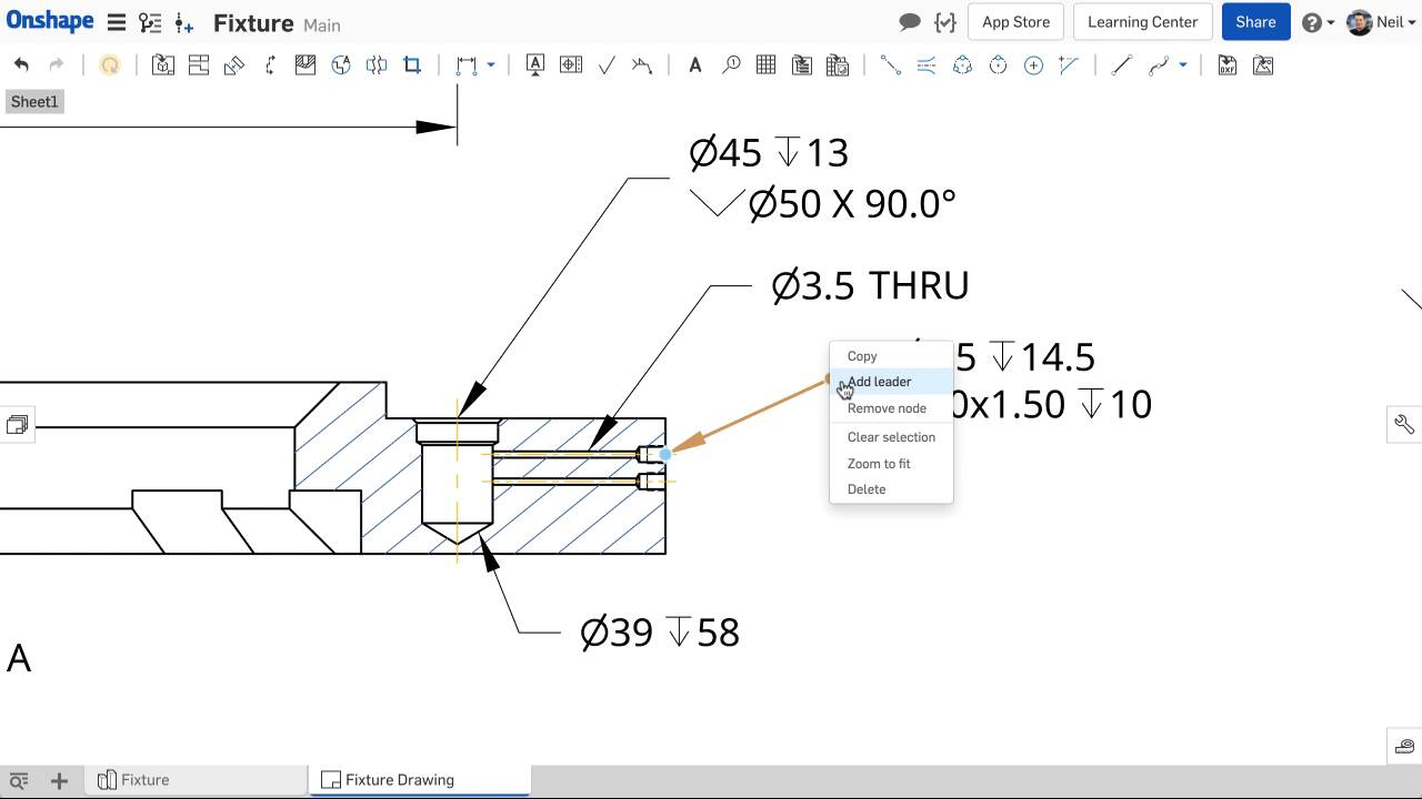 Интерфейс Onshape Drawing с размерными выносками и разрезом детали