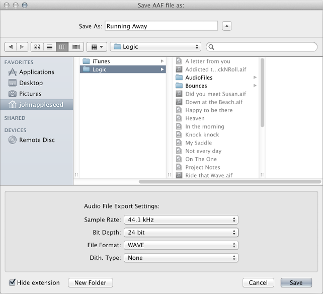 Диалог Save AAF File As в Logic Pro с Sample Rate, Bit Depth и File Format