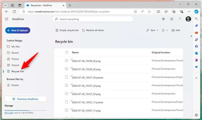 Веб-корзина OneDrive с удалёнными файлами и командой восстановления