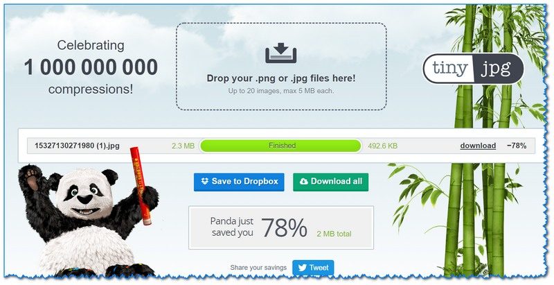 Область загрузки изображений в TinyJPG