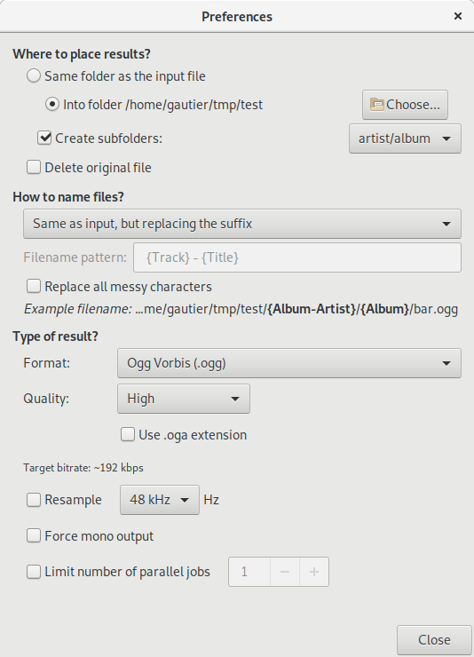 Окно Preferences SoundConverter