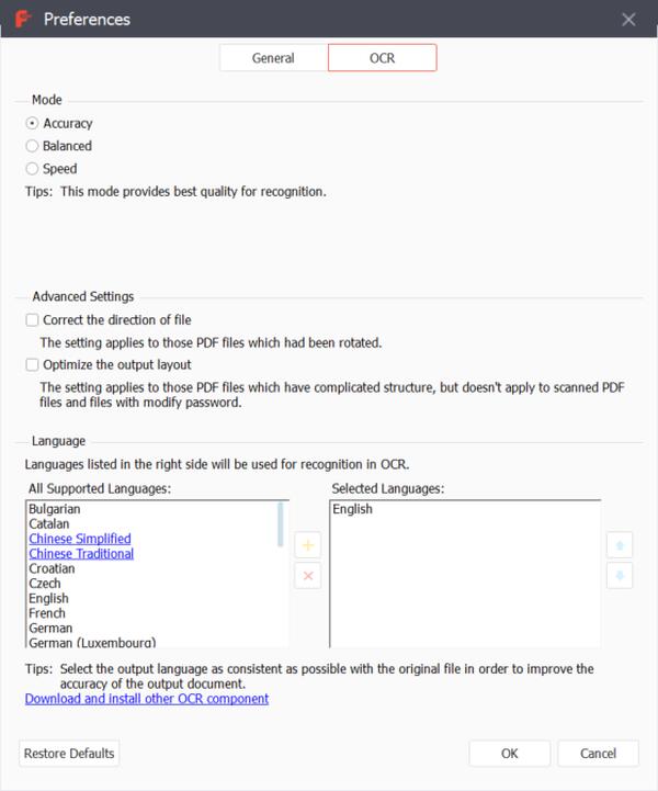 Настройки OCR в Apeaksoft PDF Converter Ultimate