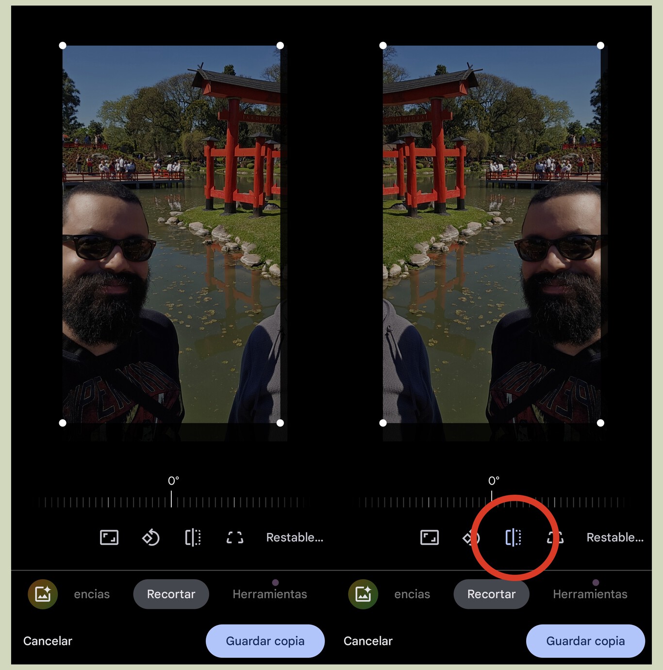 Google Photos на Android: кнопка Mirror в разделе Crop