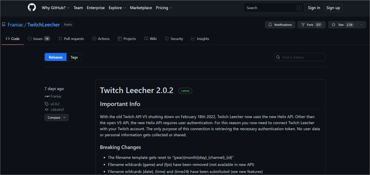 Интерфейс прекращённого Twitch Leecher