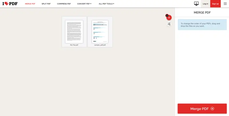 Окно iLovePDF с файлами перед объединением