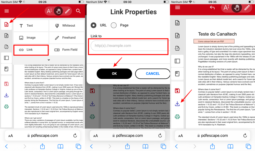 Мобильный интерфейс PDFescape в браузере с открытым PDF и панелью инструментов