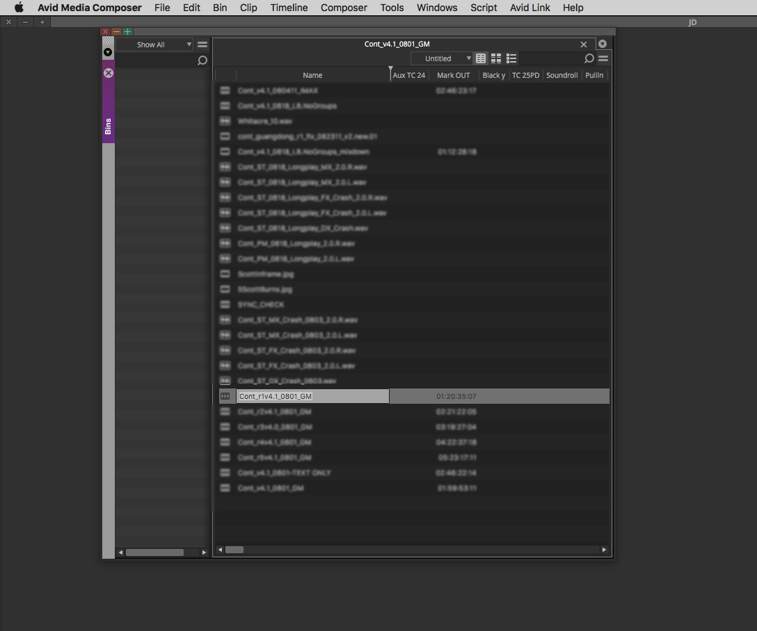 Выбранная sequence в bin Avid Media Composer перед экспортом