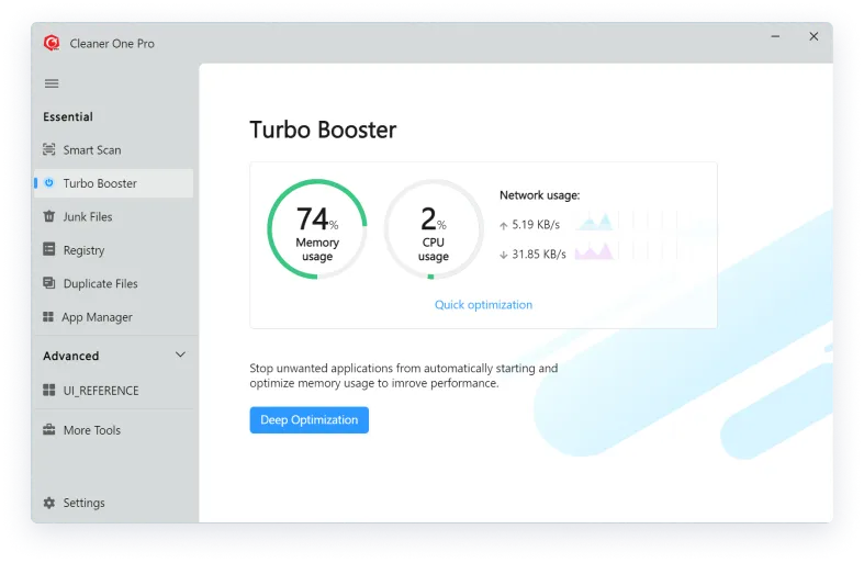 Cleaner One Pro для Windows: Turbo Booster с индикаторами памяти, процессора, сети и кнопкой Deep Optimization