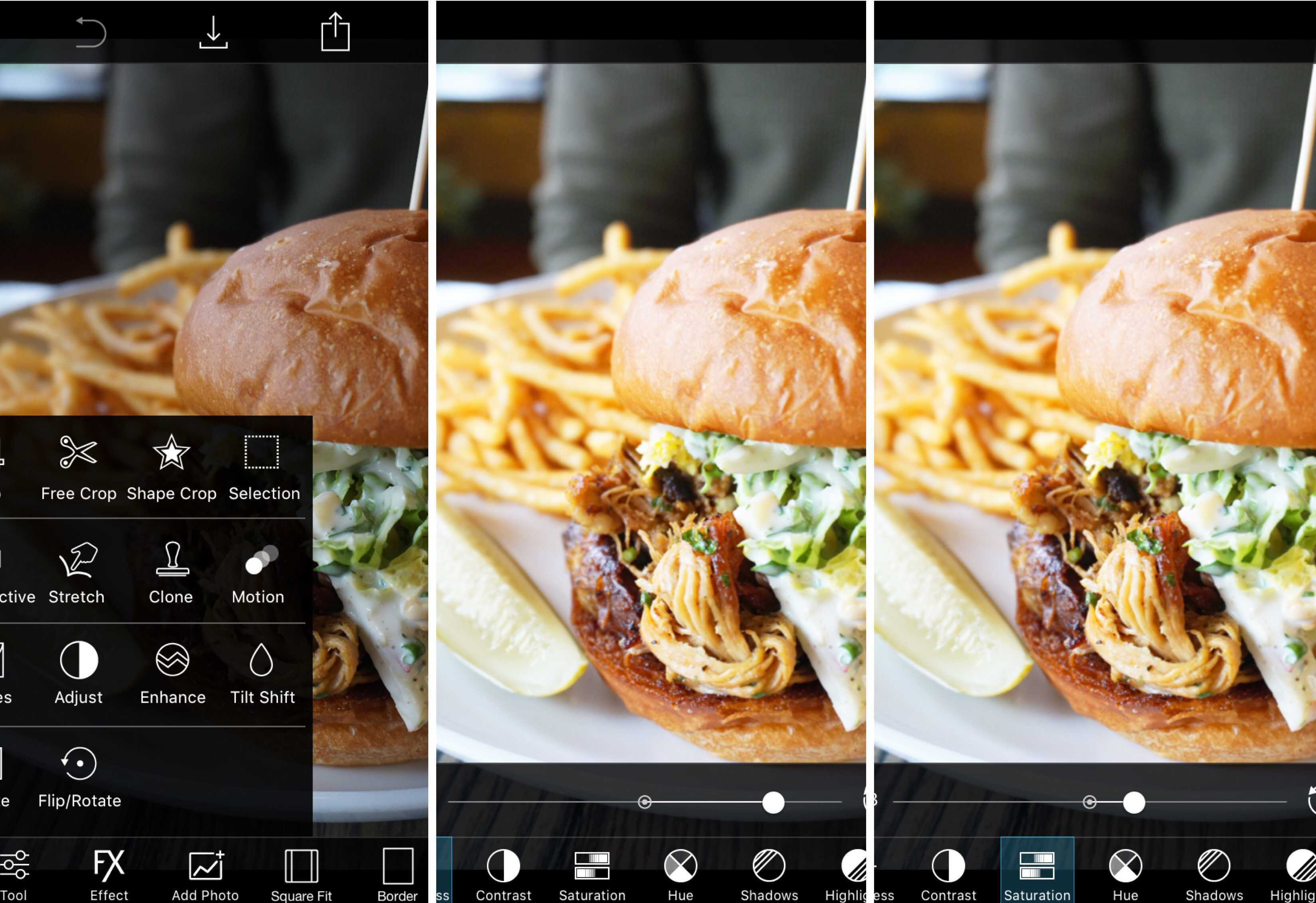 Панель Adjust в мобильном редакторе PicsArt