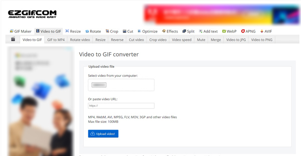 Страница EZGIF Video to GIF с формой загрузки видео и полем для прямой ссылки