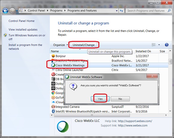 Выбор программы, кнопка Uninstall Change и окно подтверждения удаления в Windows 7