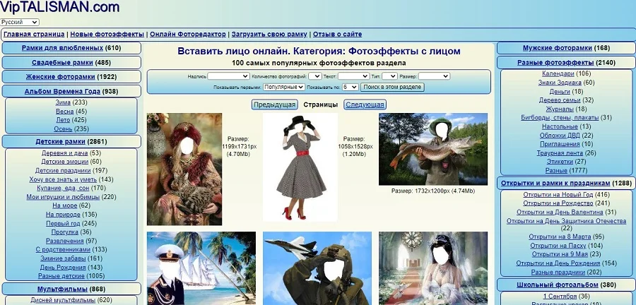 Интерфейс шаблонного сервиса Viptalisman