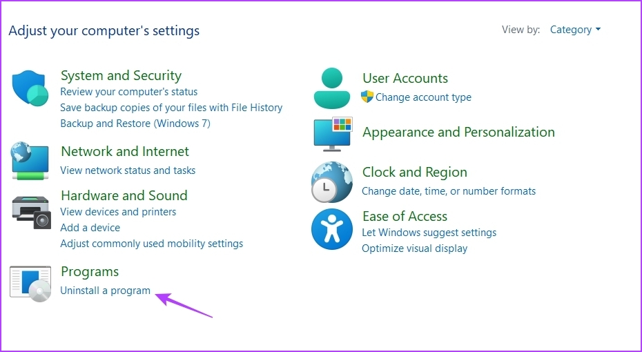 Ссылка Uninstall a program в Панели управления