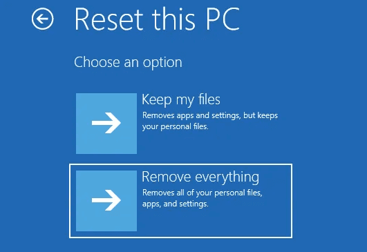 Выбор полного удаления данных при возврате Windows в исходное состояние