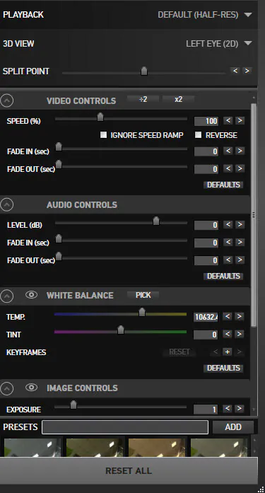 Панель VIDEO CONTROLS, AUDIO CONTROLS, WHITE BALANCE и IMAGE CONTROLS в GoPro Studio