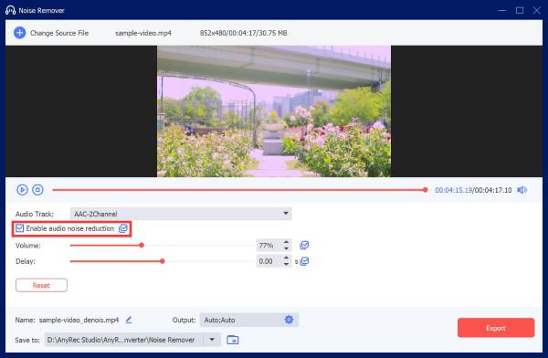 Окно Noise Remover и переключатель Enable audio noise reduction в AnyRec Video Converter